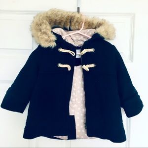 Zara navy duffle coat with fur hood